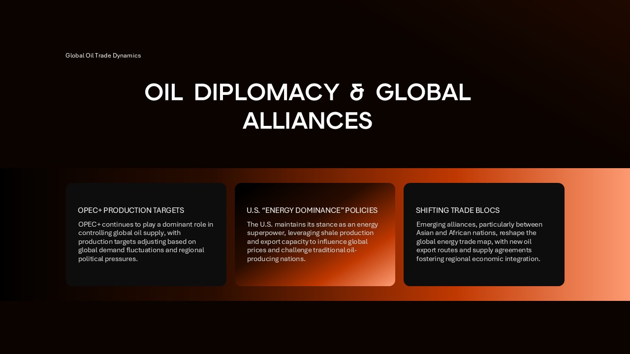Crude Oil Dynamics slide exploring geopolitical alliances and diplomatic strategies in global oil trade
