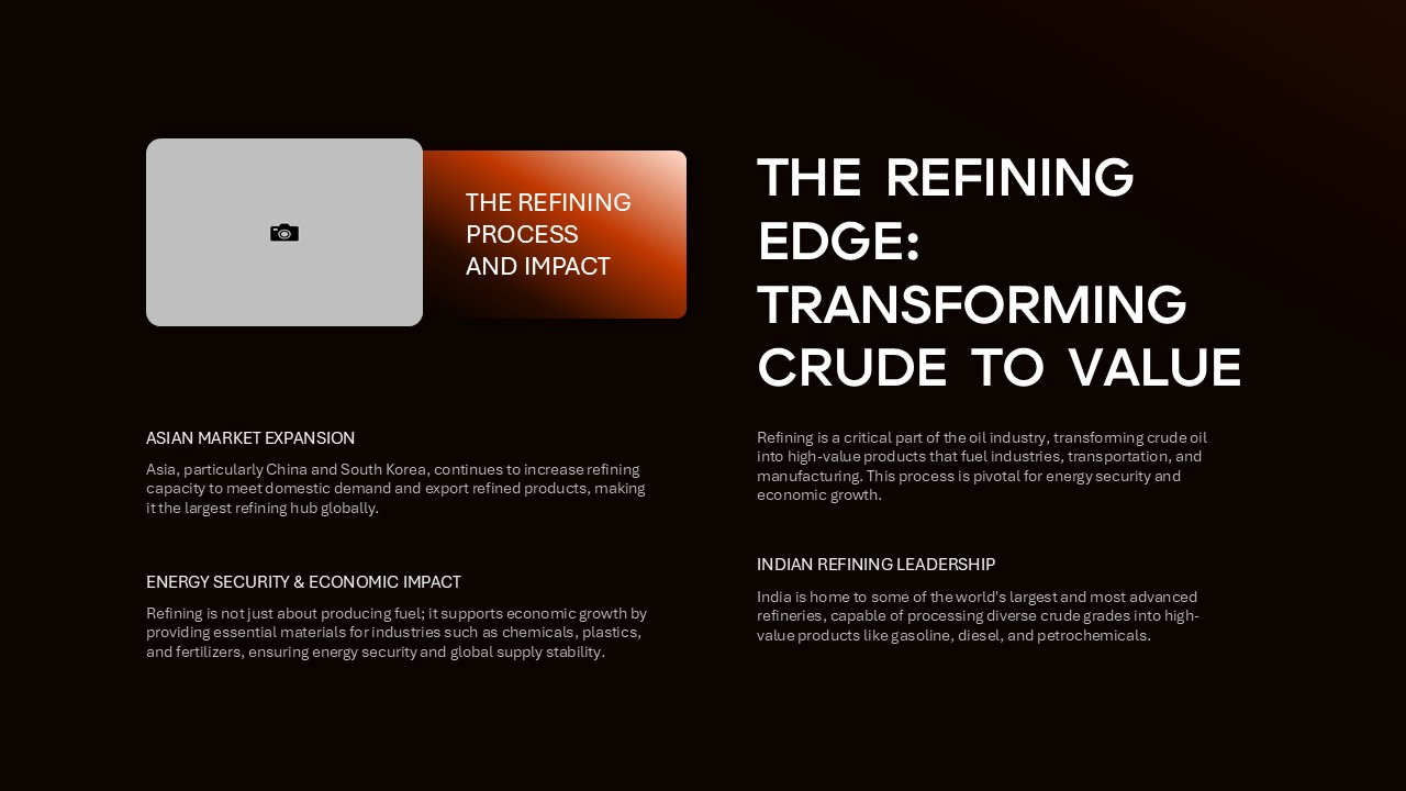 Crude Oil Dynamics slide analyzing refining industry transformation and value creation processes