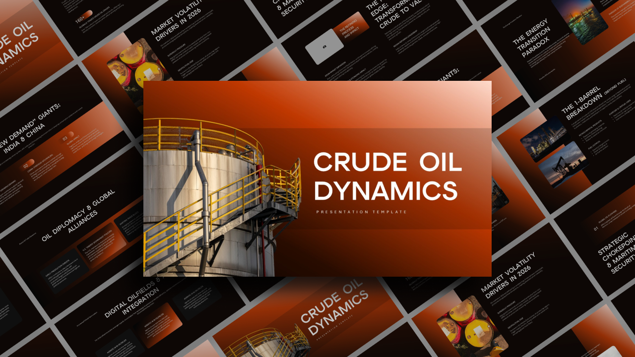 Crude Oil Dynamics template cover showcasing professional energy industry presentation design with oil storage tank imagery
