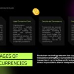 Cryptocurrency PowerPoint Template - Advantages slide with four-card layout and golden Bitcoin symbols