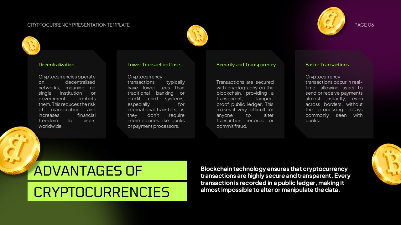 Cryptocurrency PowerPoint Template - Advantages slide with four-card layout and golden Bitcoin symbols