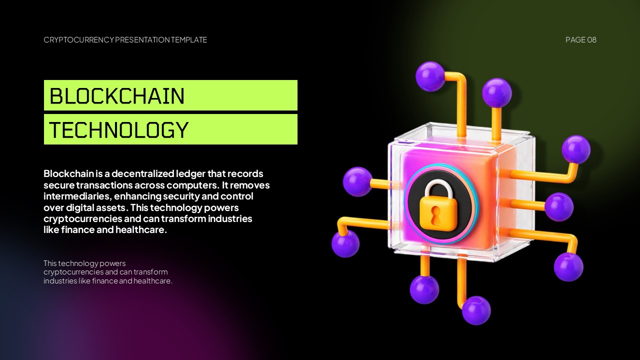 Cryptocurrency Google Slides Template - Blockchain technology slide with 3D cube and network visualization