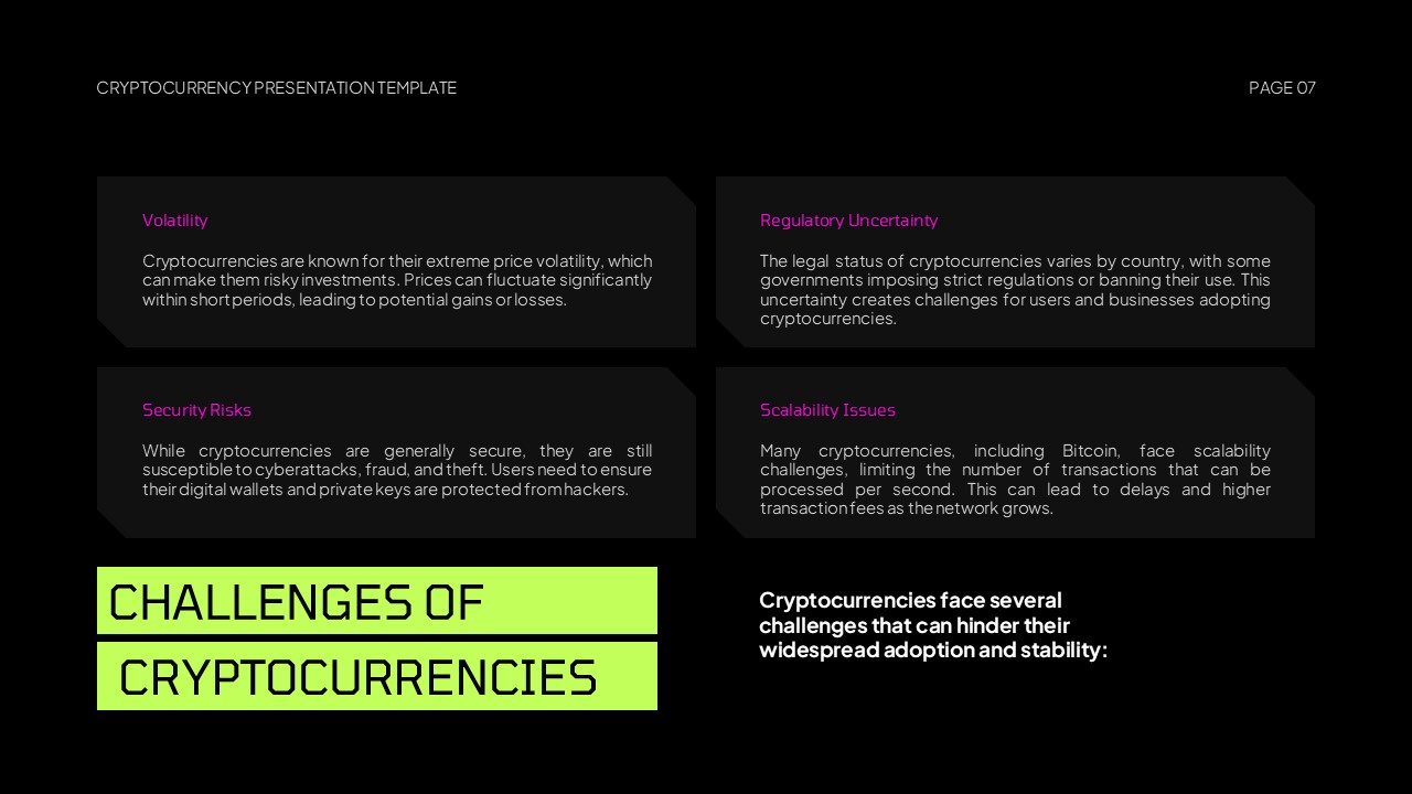 Cryptocurrency Template - Challenges slide highlighting obstacles and limitations in four-card format