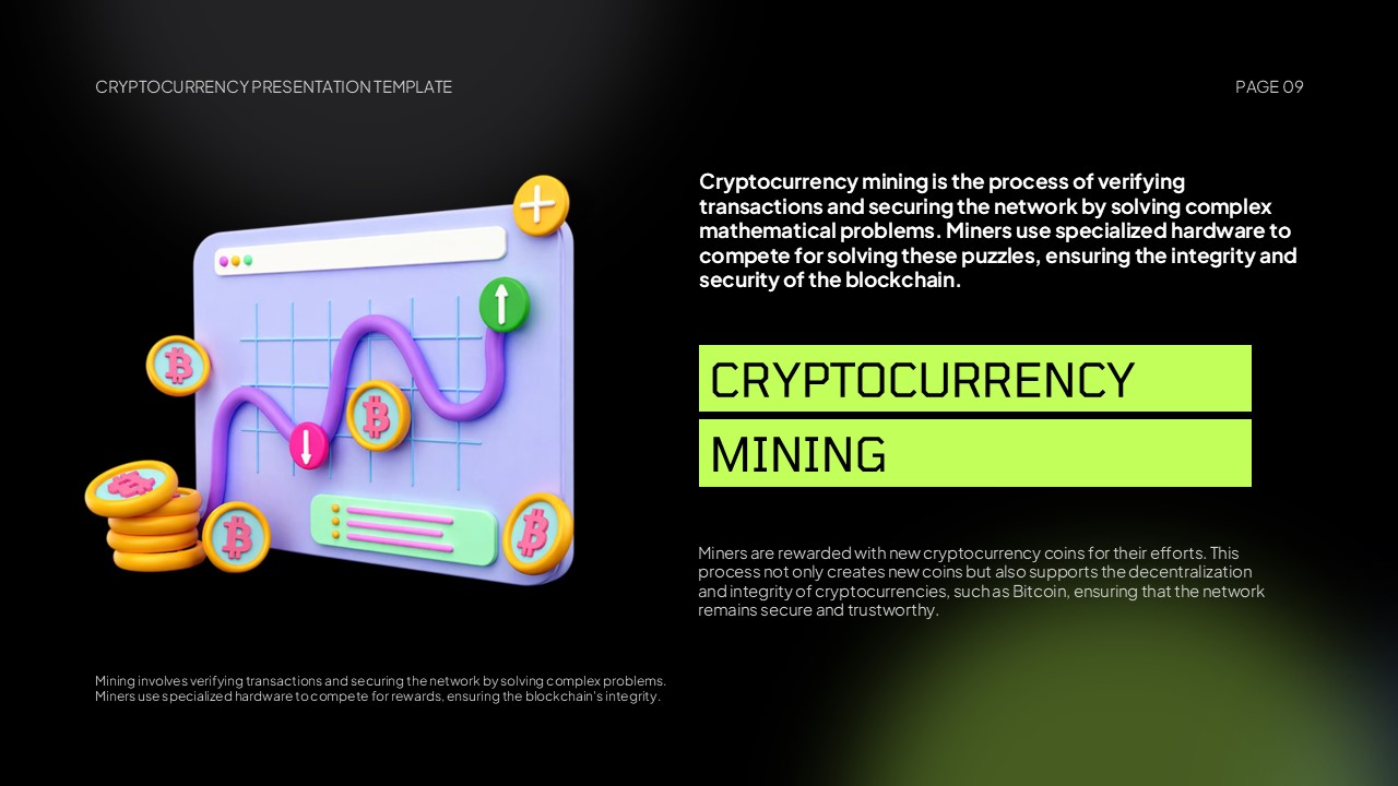 Cryptocurrency PPT Template - Mining slide with 3D dashboard illustration and Bitcoin symbols