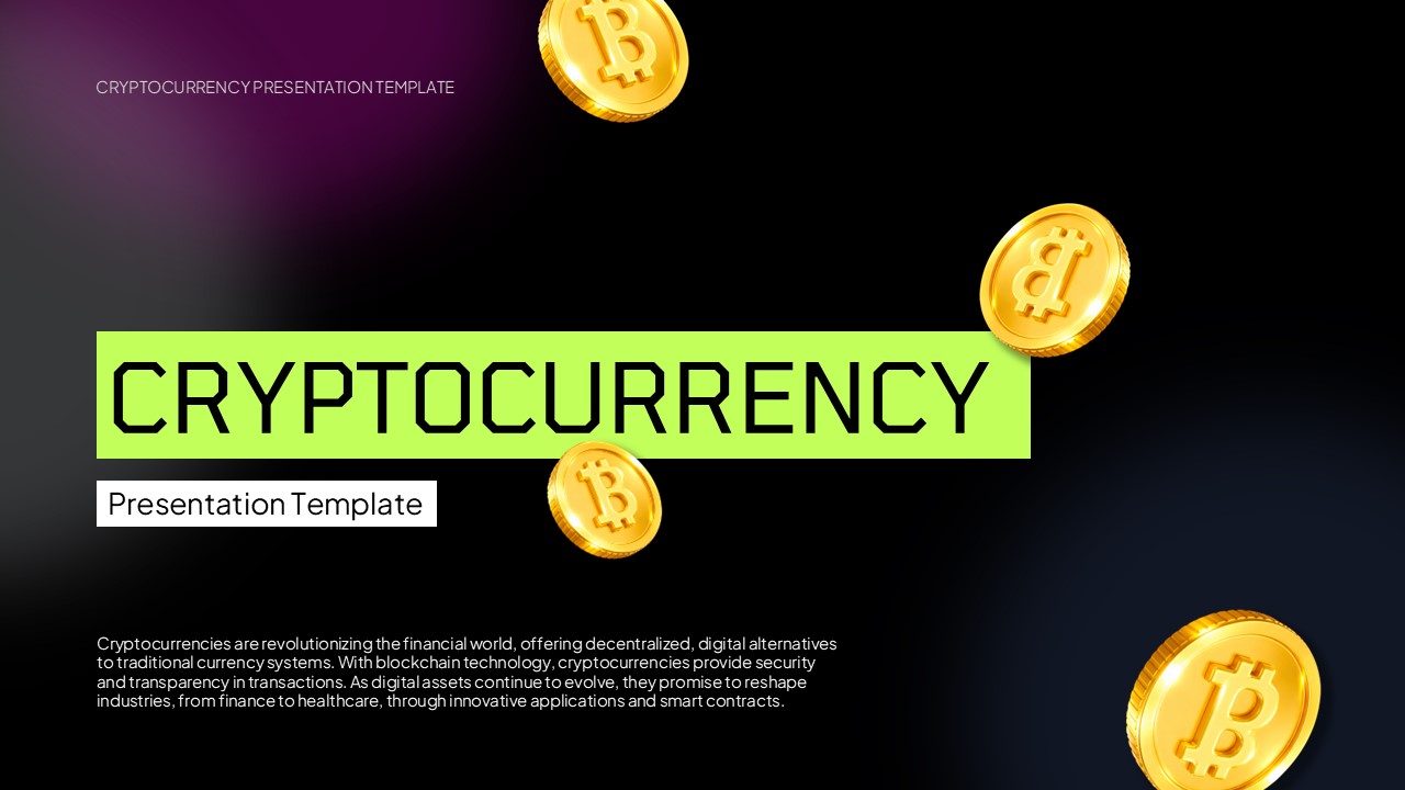 Cryptocurrency PowerPoint Template - Introduction slide with floating Bitcoin coins and gradient background