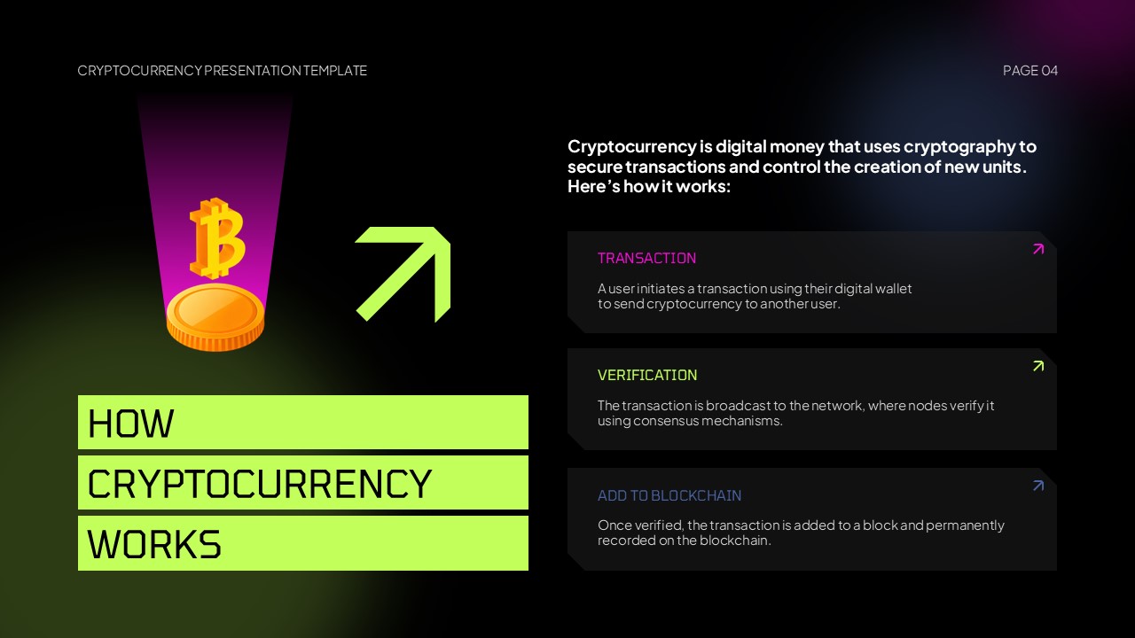Cryptocurrency Template - Process explanation slide showing how cryptocurrency works with step-by-step layout