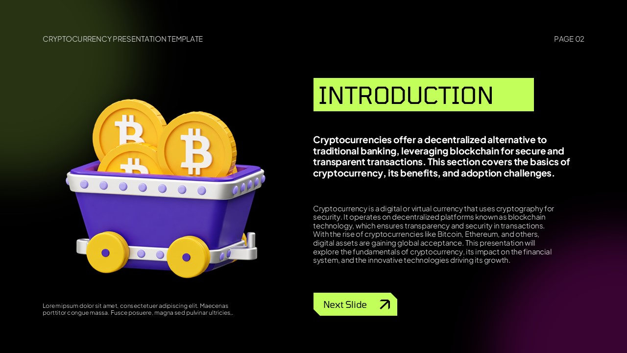 Cryptocurrency Presentation Template - Introduction slide with mining cart filled with golden Bitcoin coins