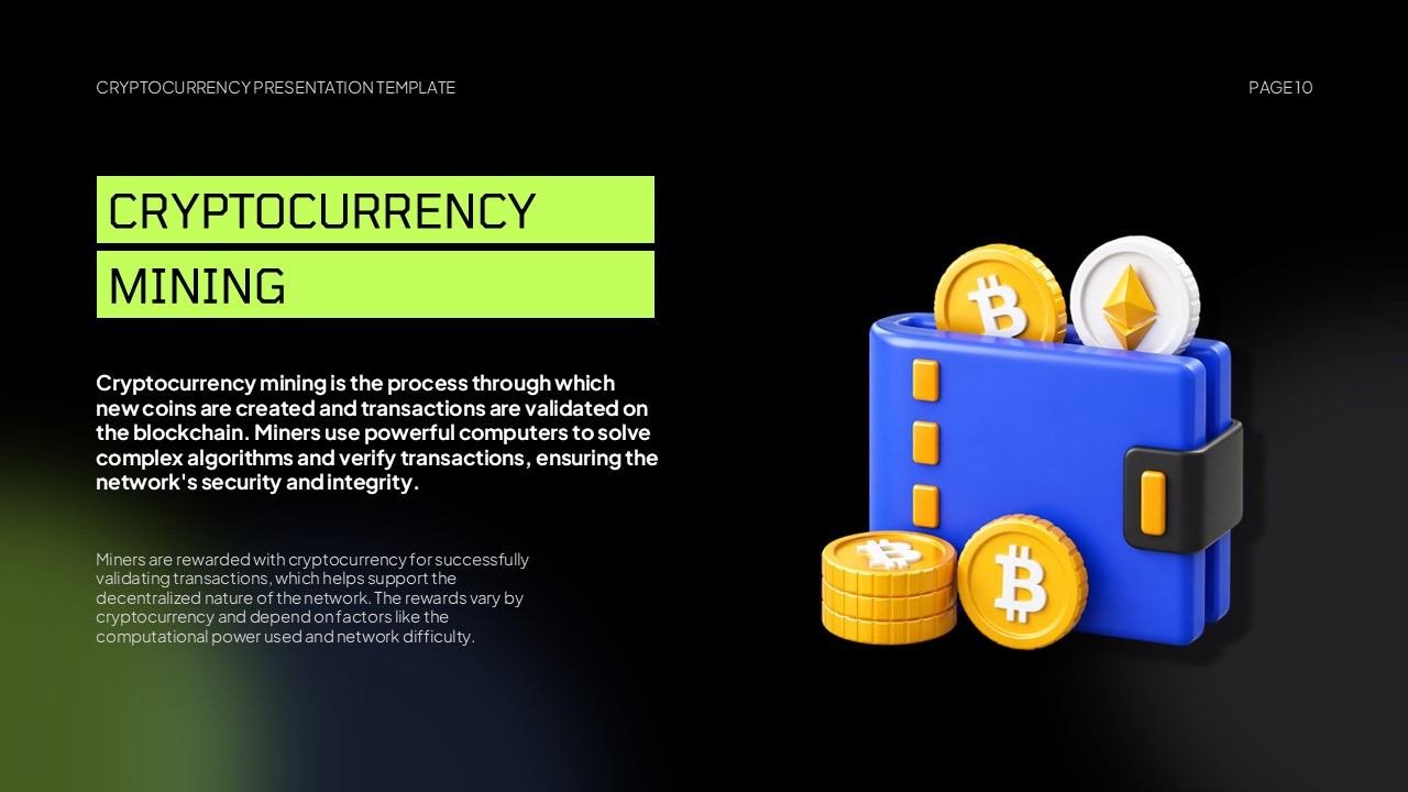 Cryptocurrency Template - Mining security slide with 3D vault illustration and crypto coins