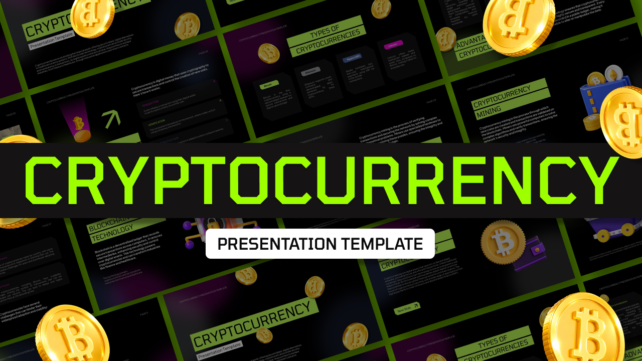 Cryptocurrency Template - Professional cover slide with Bitcoin symbols and scattered preview slides