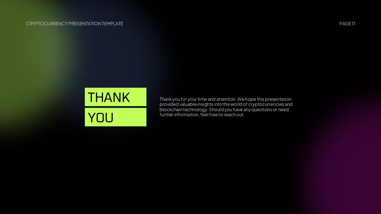 Cryptocurrency PowerPoint Template - Thank you closing slide with gradient background and green banner