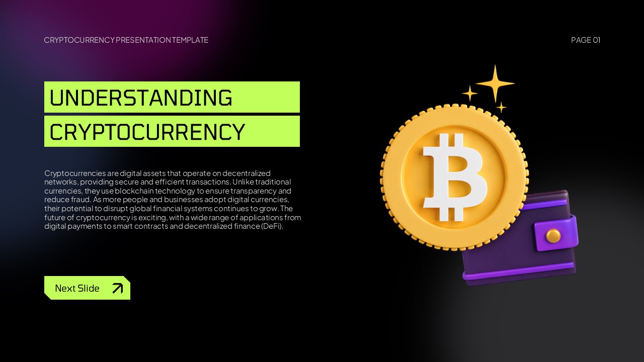 Cryptocurrency Google Slides Template - Understanding slide with 3D Bitcoin trophy illustration