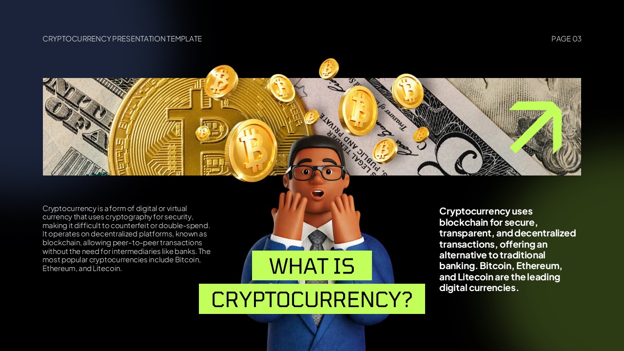 Cryptocurrency PPT Template - Definition slide explaining what cryptocurrency is with floating Bitcoin coins