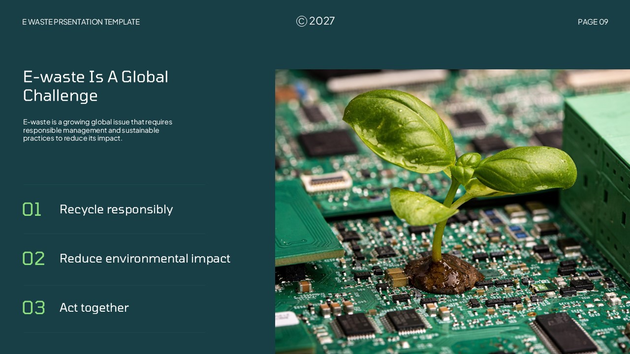 E-Waste Global Challenge - Dark teal slide with three action points alongside circuit board plant growth symbolism