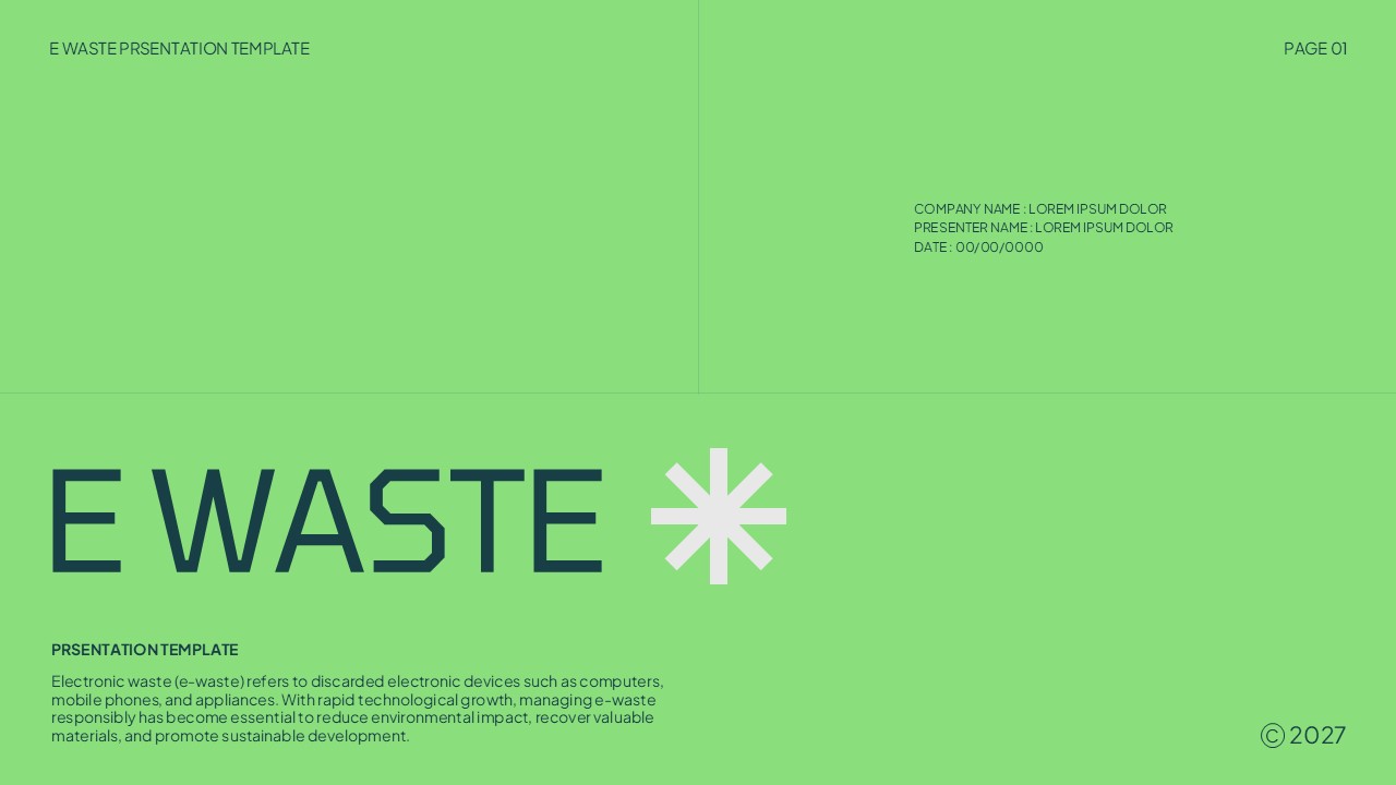 E-Waste Management Presentation - Clean title slide with bright green gradient background and prominent white asterisk logo