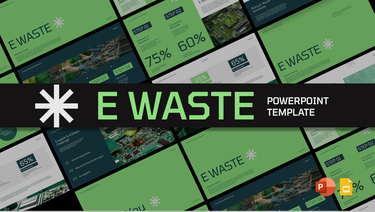 E-Waste Management Template - Dynamic grid showcasing green-themed slides with environmental branding and data visualizations