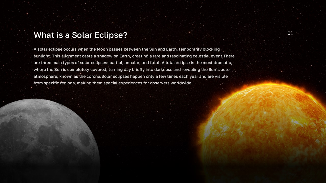 Europe Solar Eclipse 2026 Template - educational slide explaining what is a solar eclipse with Moon and Sun
