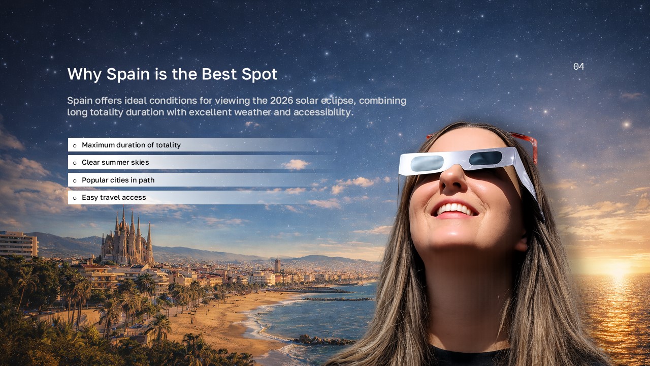 Europe Solar Eclipse 2026 Template - why Spain is best viewing spot with coastal cityscape