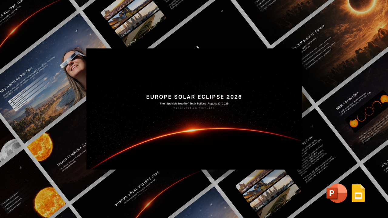 Europe Solar Eclipse 2026 Template - presentation overview showing multiple slides with eclipse content