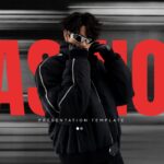 Fashion Presentation Template - Dramatic hero layout with model in streetwear against motion-blurred urban backdrop