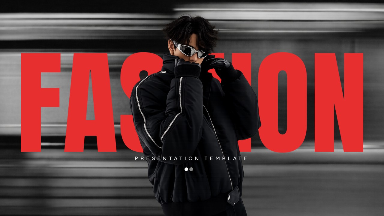 Fashion Presentation Template - Dramatic hero layout with model in streetwear against motion-blurred urban backdrop