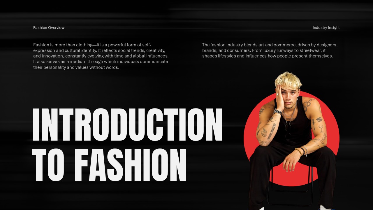 Fashion Introduction Template - Split layout balancing typography with blonde model in circular red accent element