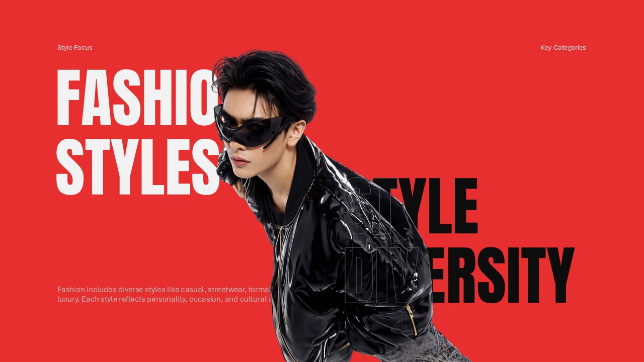 Fashion Styles Template - Bold red background highlighting male model in leather jacket representing style diversity