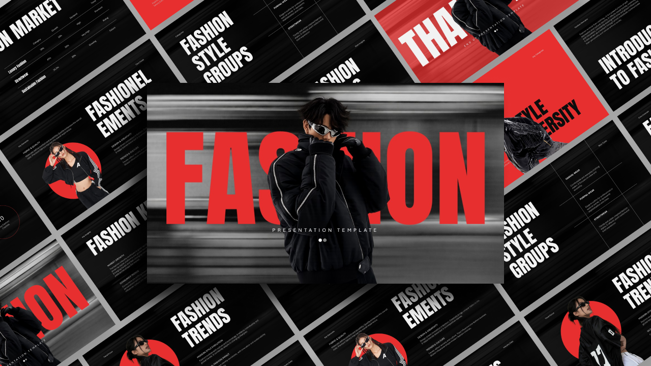 Fashion Template - Grid showcasing 11 slides with bold red accents and streetwear models in modern presentation design