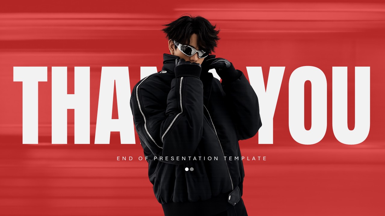 Fashion Thank You Template - Bold red conclusion slide with streetwear model creating memorable presentation finale