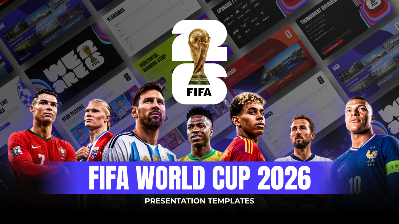 FIFA 2026 World Cup Template - Official logo design slide featuring tournament branding and trophy