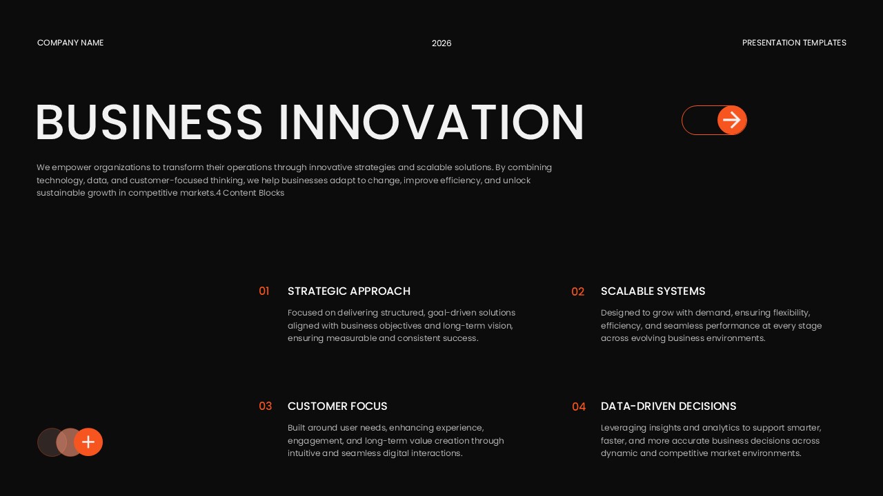 Glassmorphism Template - Business innovation slide to present strategic approach and core business pillars