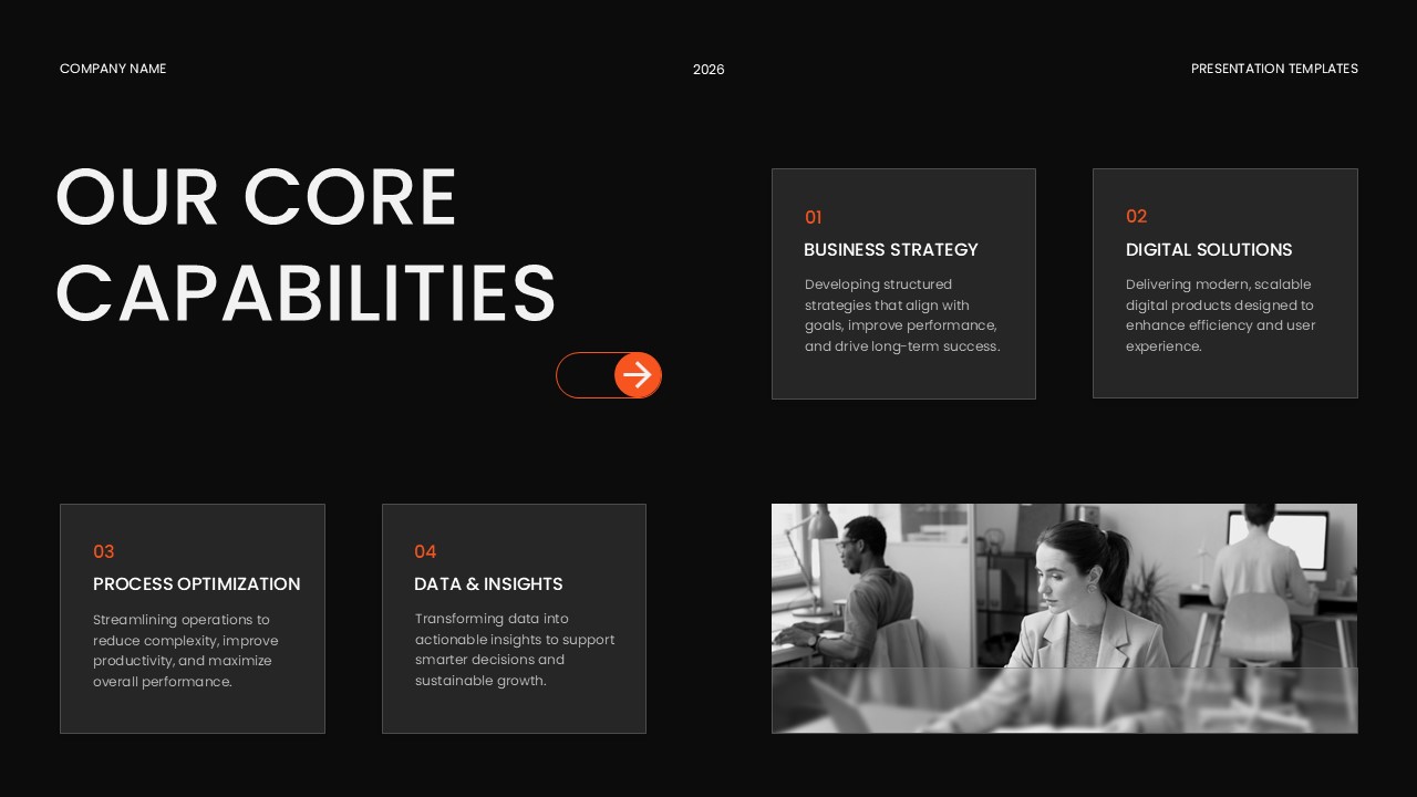 Glassmorphism Template - Core capabilities slide to present services and business competencies