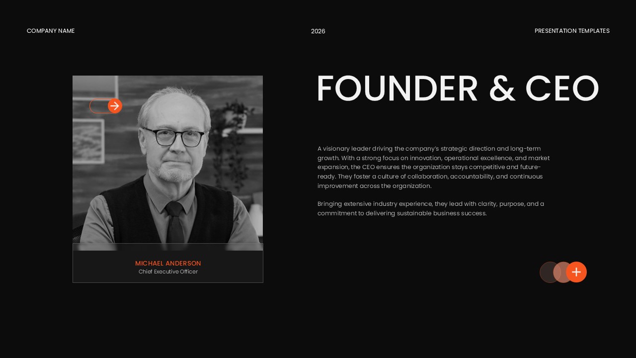 Glassmorphism Template - Founder profile slide featuring executive portrait and leadership biography