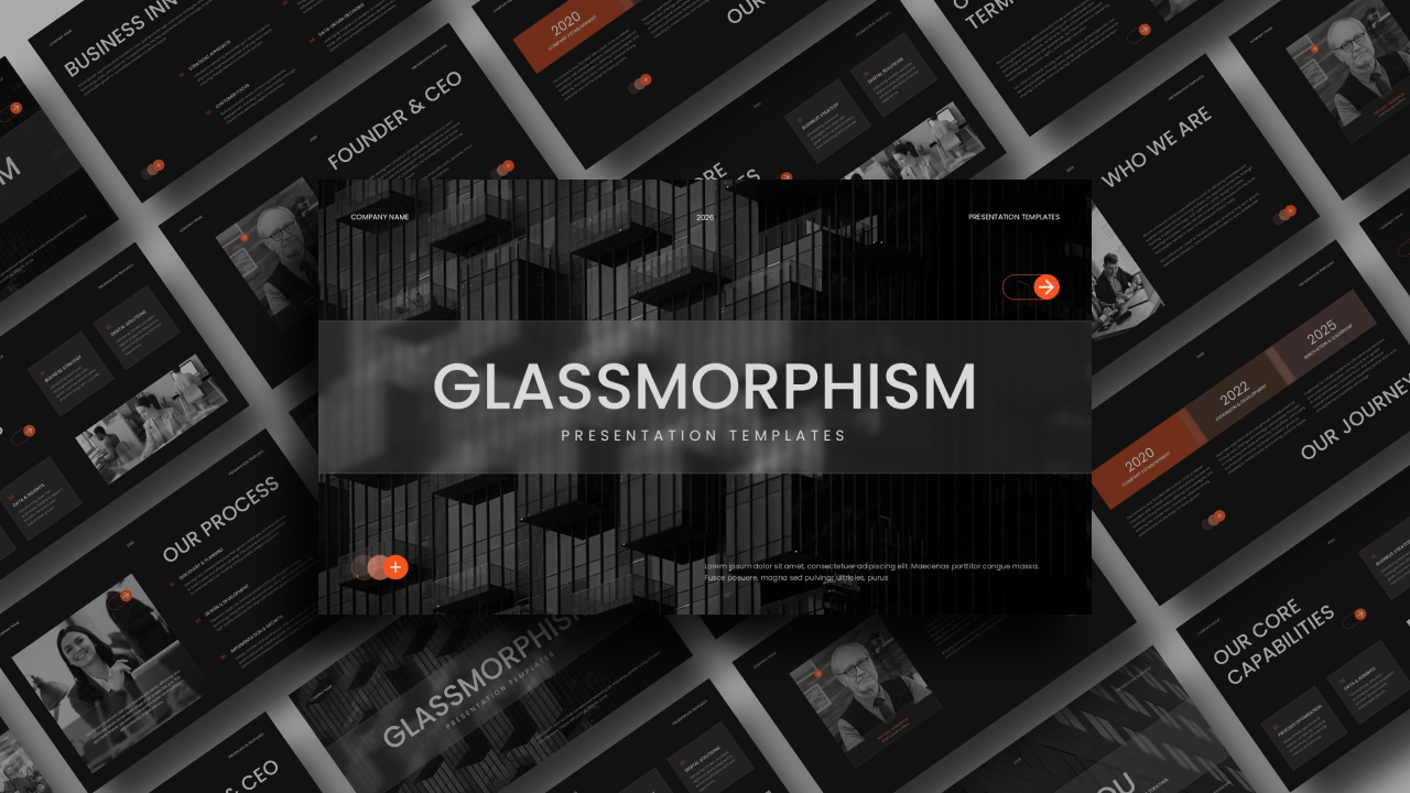 Glassmorphism Template - Complete template showcase displaying all 11 slides in modern dark theme design
