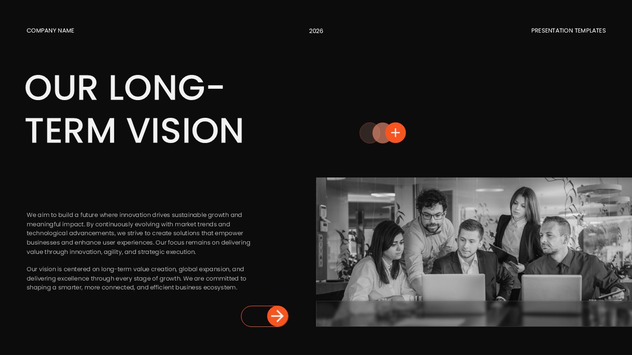 Glassmorphism Template - Vision statement slide combining aspirational text with team collaboration imagery