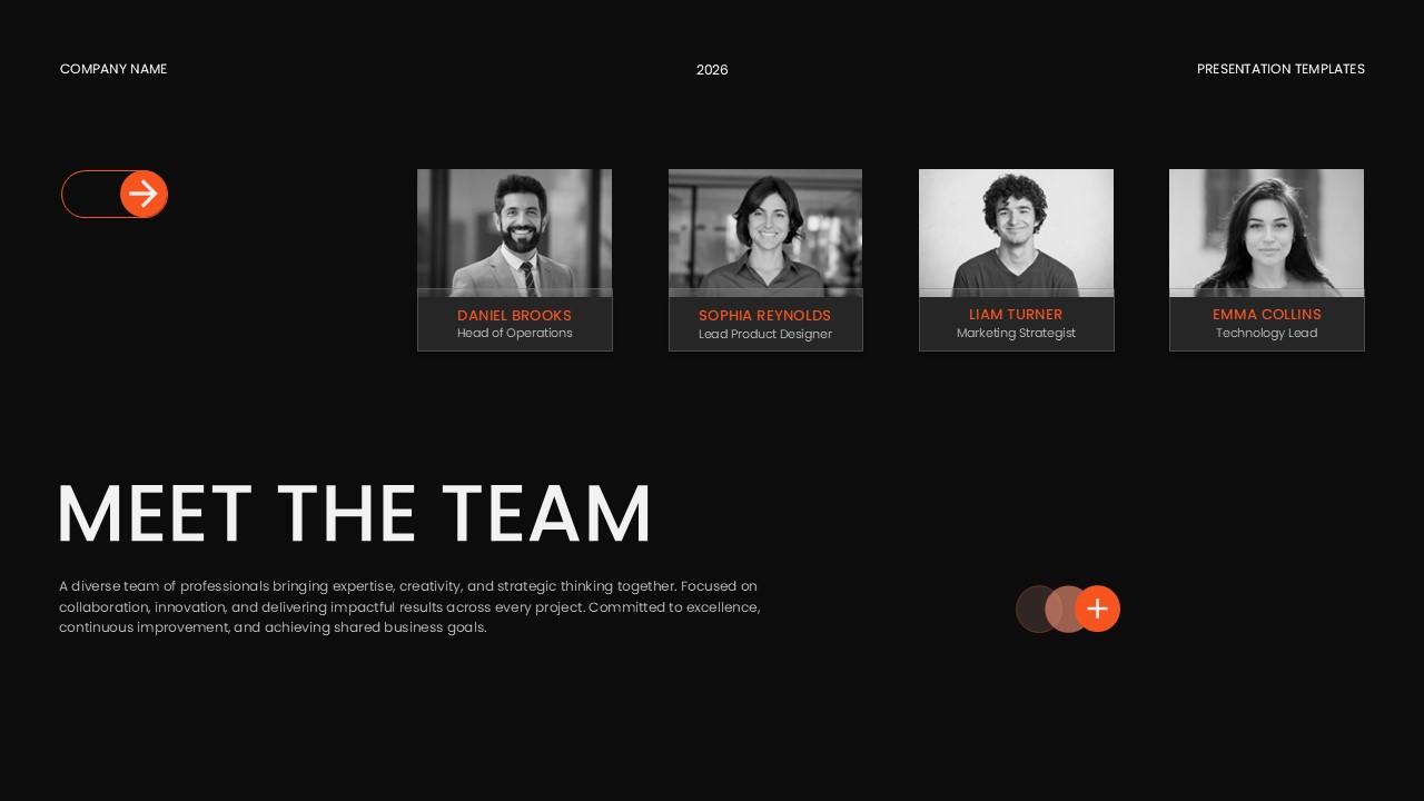 Glassmorphism Template - Team introduction slide showcasing four team members with names and titles