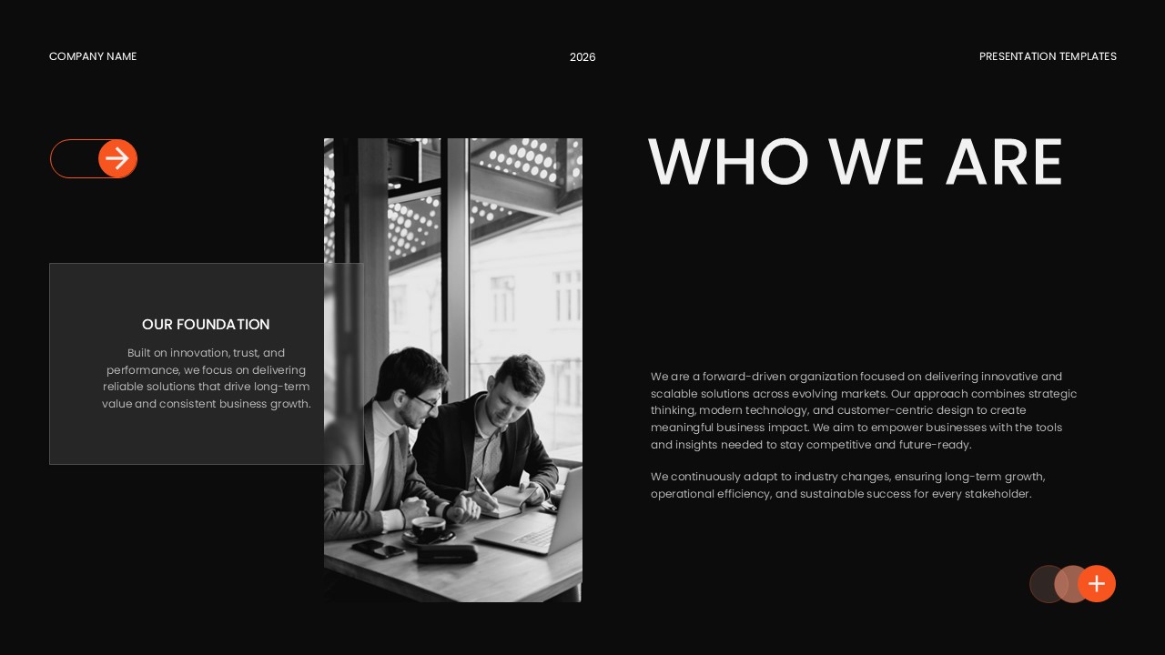 Glassmorphism Template - Company introduction slide combining team photos with foundation story