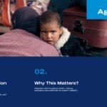 Global Migration Report Template - agenda slide with three numbered sections and baby photo on blue background
