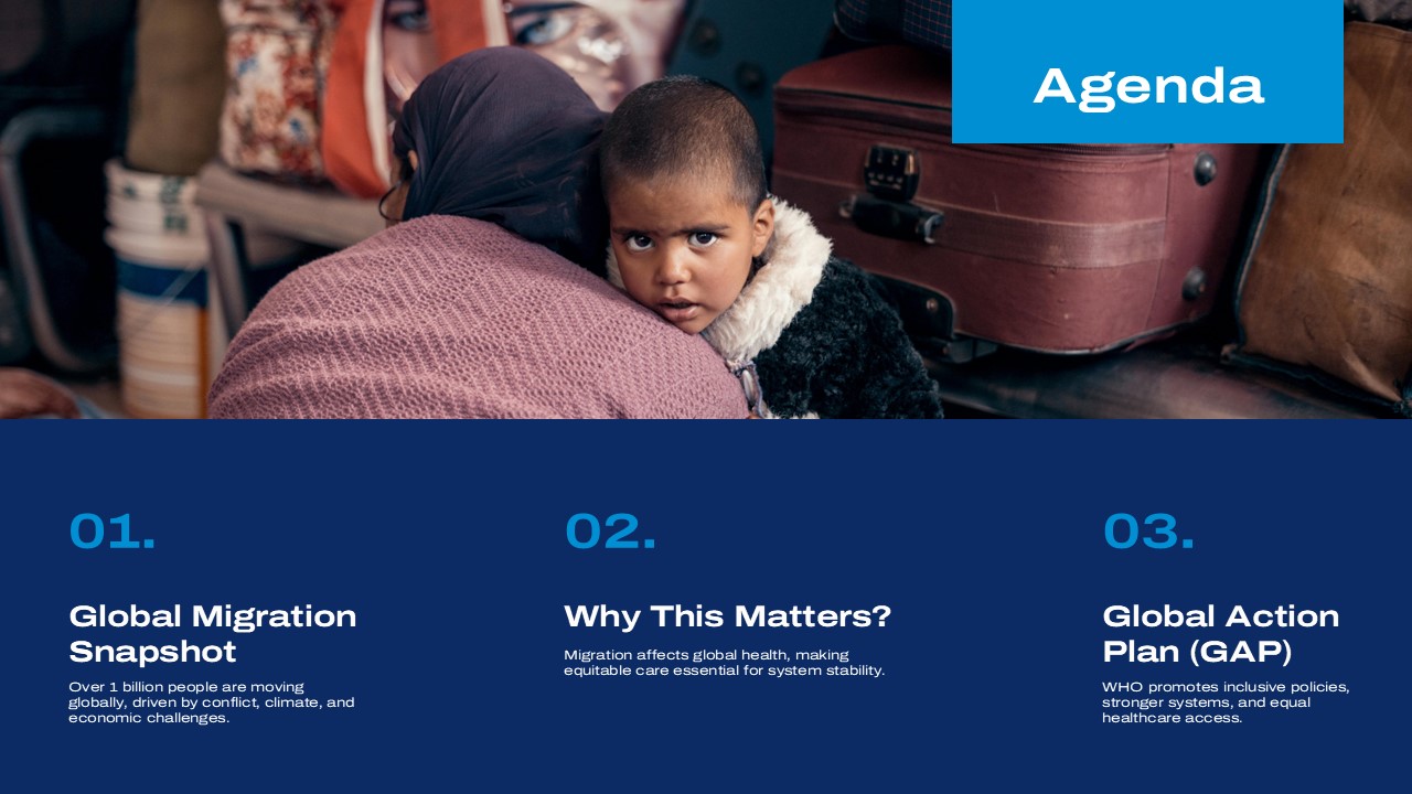 Global Migration Report Template - agenda slide with three numbered sections and baby photo on blue background