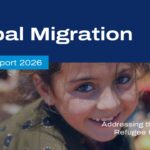Global Migration Report Template - title slide with WHO branding, blue background, and child photo overlay