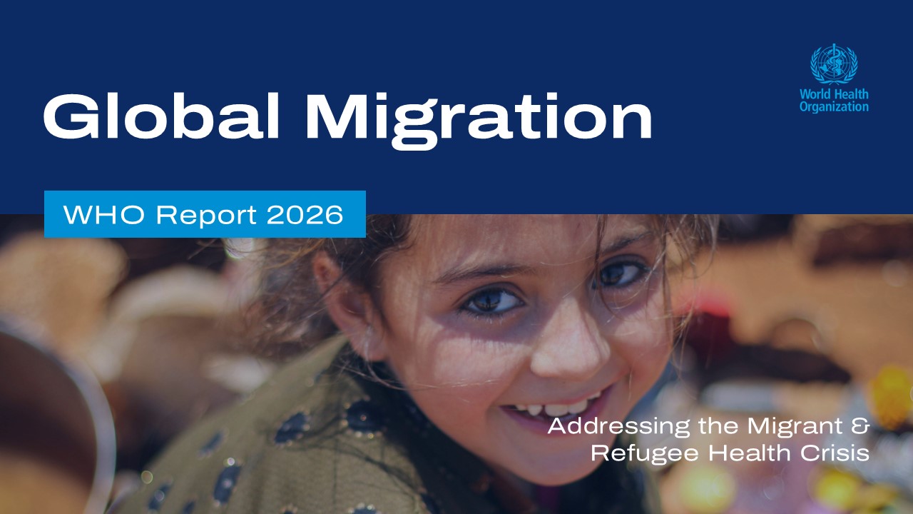 Global Migration Report Template - title slide with WHO branding, blue background, and child photo overlay