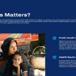 Global Migration Report Template - health impact slide with woman and child photo plus explanatory text sections