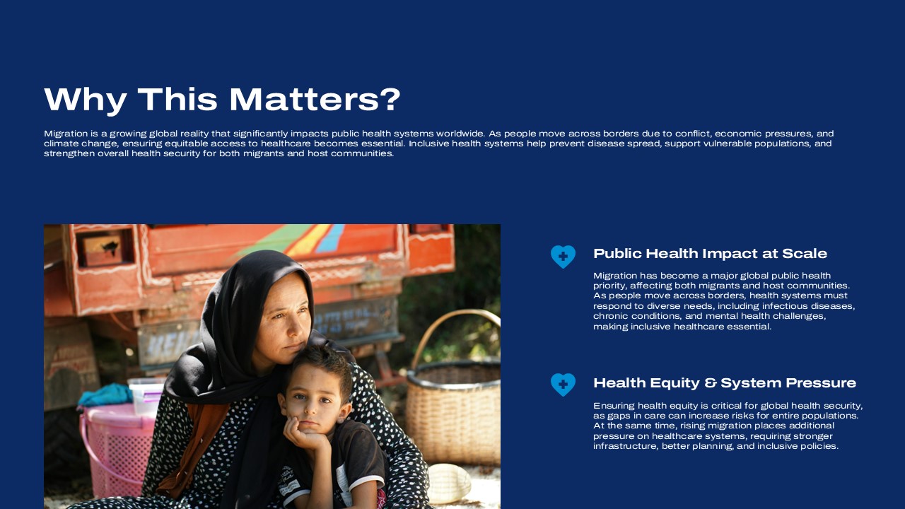 Global Migration Report Template - health impact slide with woman and child photo plus explanatory text sections