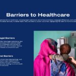 Global Migration Report Template - healthcare barriers slide with masked patients photo and two barrier categories