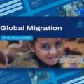 Plantilla de informe sobre migración global: portada dinámica con diapositivas en capas, logotipo de la OMS y foto de un niño sobre fondo azul.