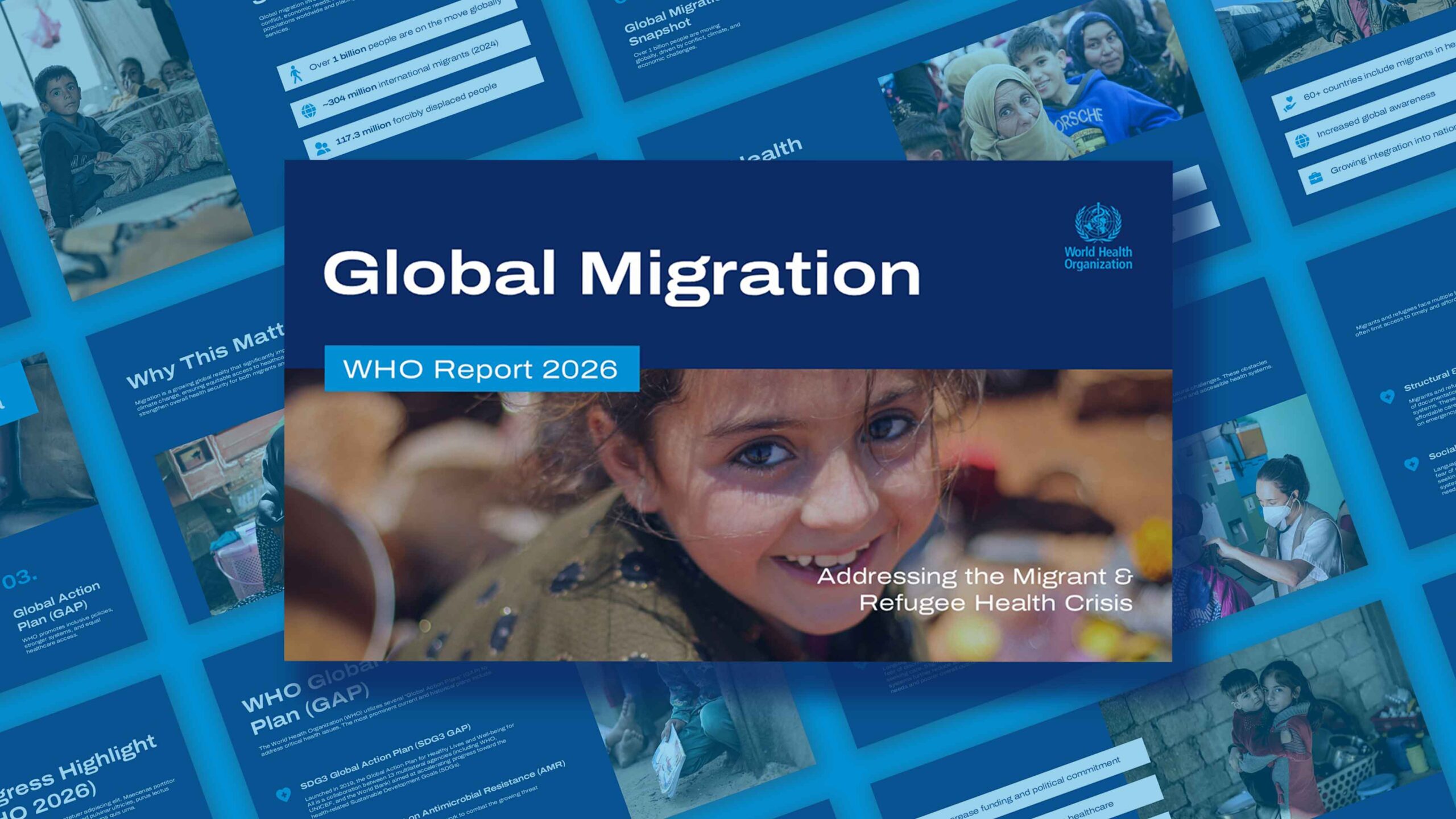 Global Migration Report Template - dynamic cover with layered slides, WHO logo, and child photo on blue background