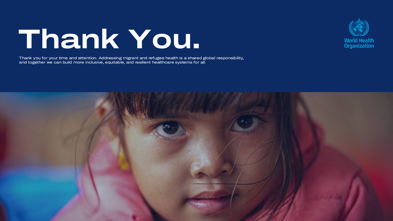 Global Migration Report Template - thank you slide with large white text and child portrait on blue background
