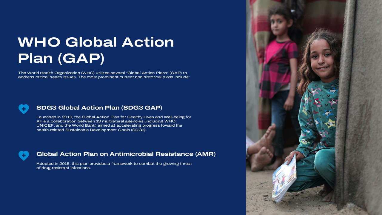 Global Migration Report Template - WHO action plan slide with children photo and policy explanation text
