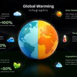 Global Warming Infographic Template - identical radial Earth design with climate statistics on dramatic black background