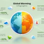 Global Warming Infographic Template - radial layout with split Earth graphic and six climate data blocks on mint background