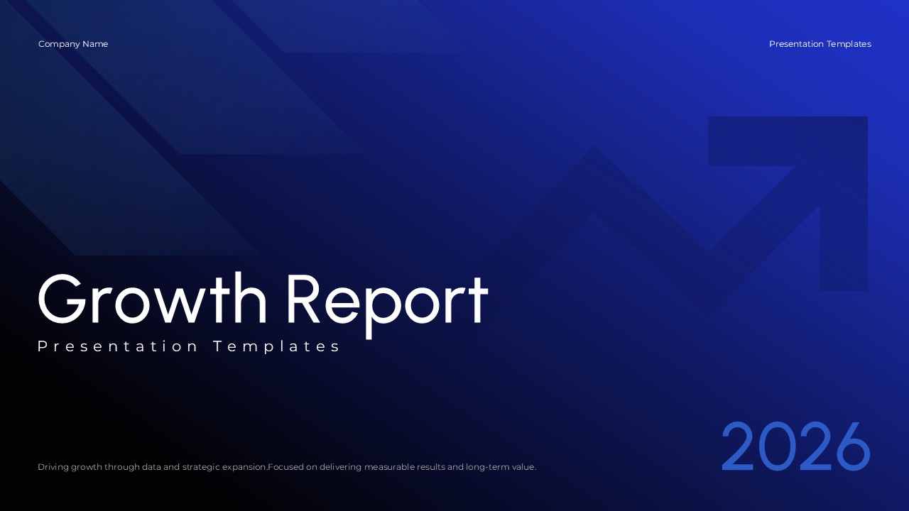 Growth Report Google Slides Template - Professional title slide with bold typography and 2026 vision on blue background